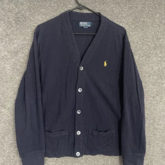 Polo‎ Ralph Lauren Cardigan Mens Large Navy Blue V-Neck Cotton Knit Sweater VTG - Picture 1 of 8
